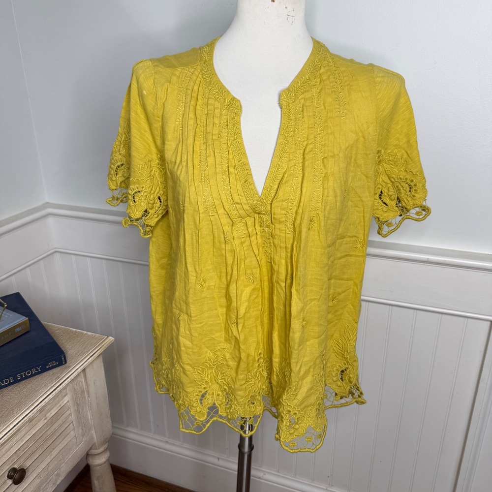 Sundance Yellow Embroidered Cotton Blouse V-Neck Pintuck Eyelet Lace Top Small
